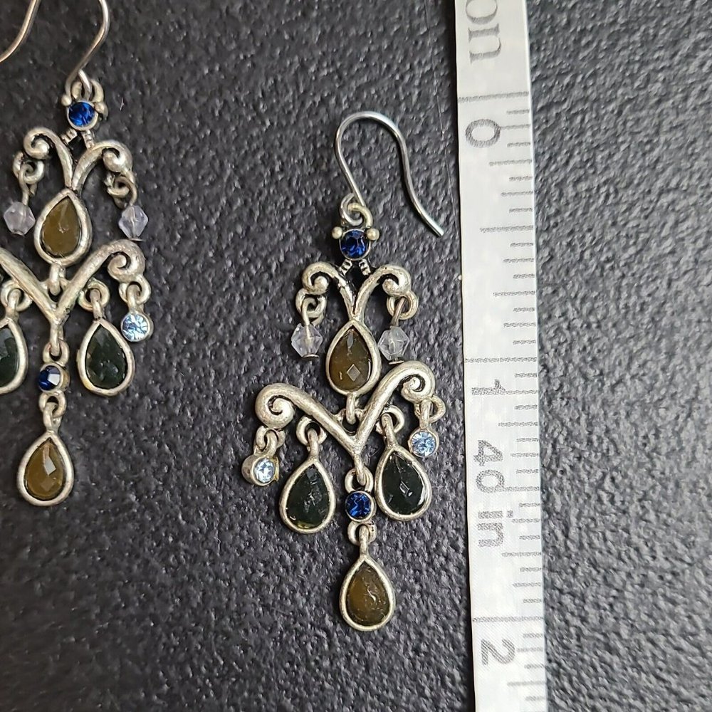 Retro Silvertone Long Blue Brown Drop Crystal Tassel Chandelier Hook Earrings 2" - Picture 5 of 7